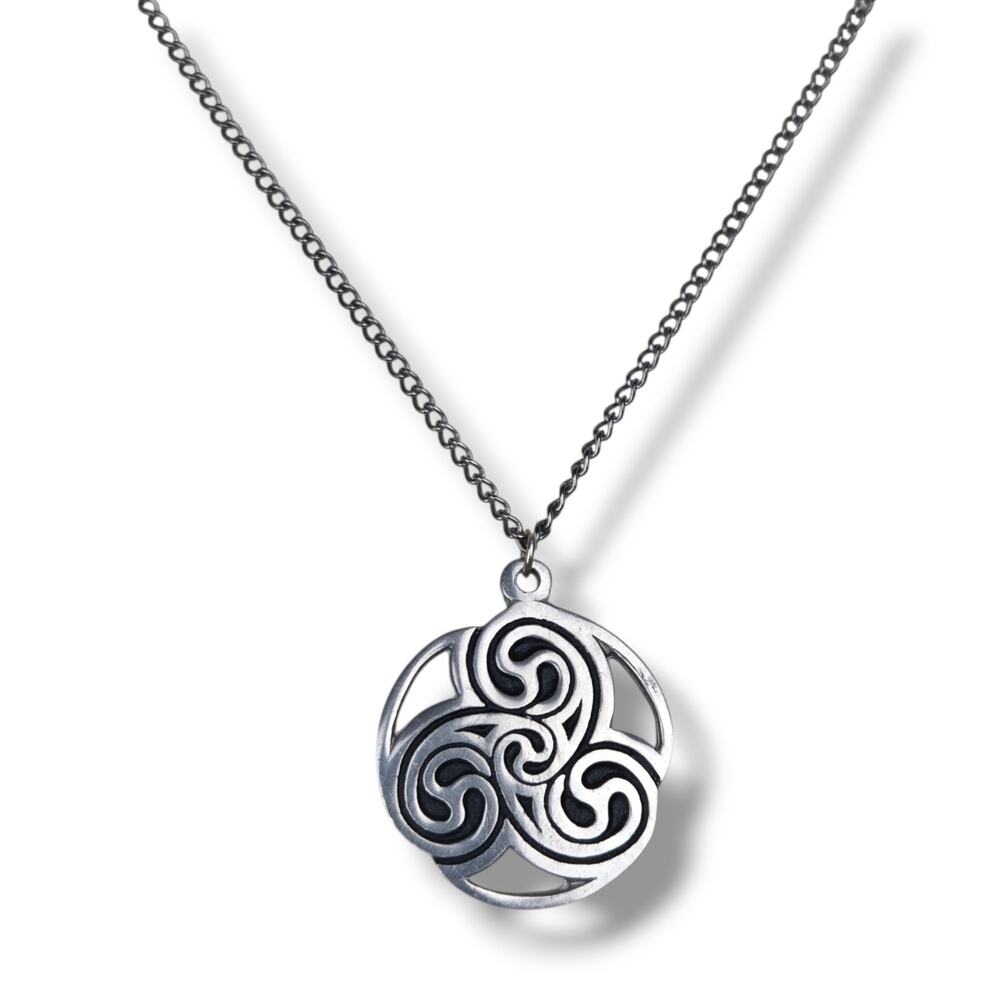 St Justin Celtic Triscele Pendant Necklace Pewter Irish Heritage Jewelry Knot